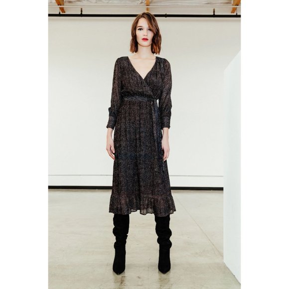 LENON Black Stone Dots Burnout Velvet Surplice Midi 'Rose' Dress sz M Women's - Picture 1 of 13